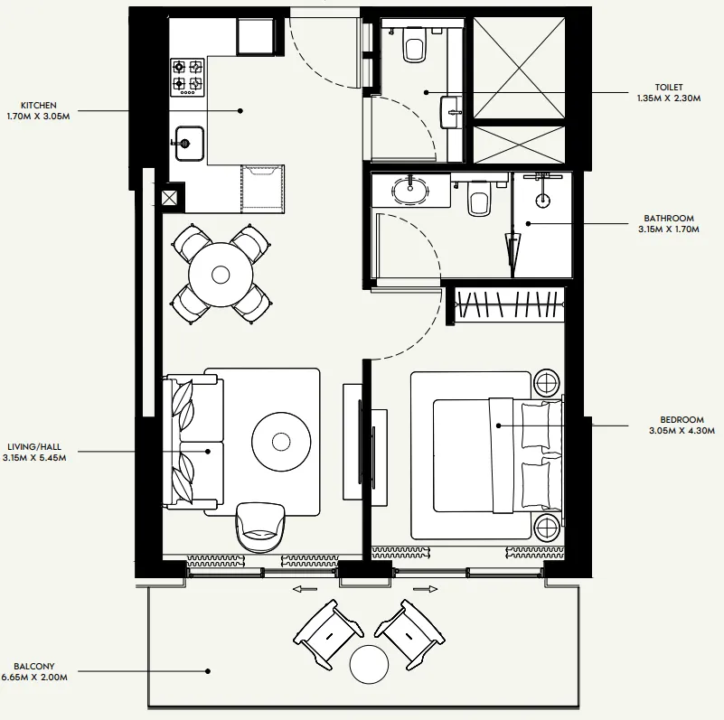 Azizi Venice 1 bed floor plan, 736 sqft