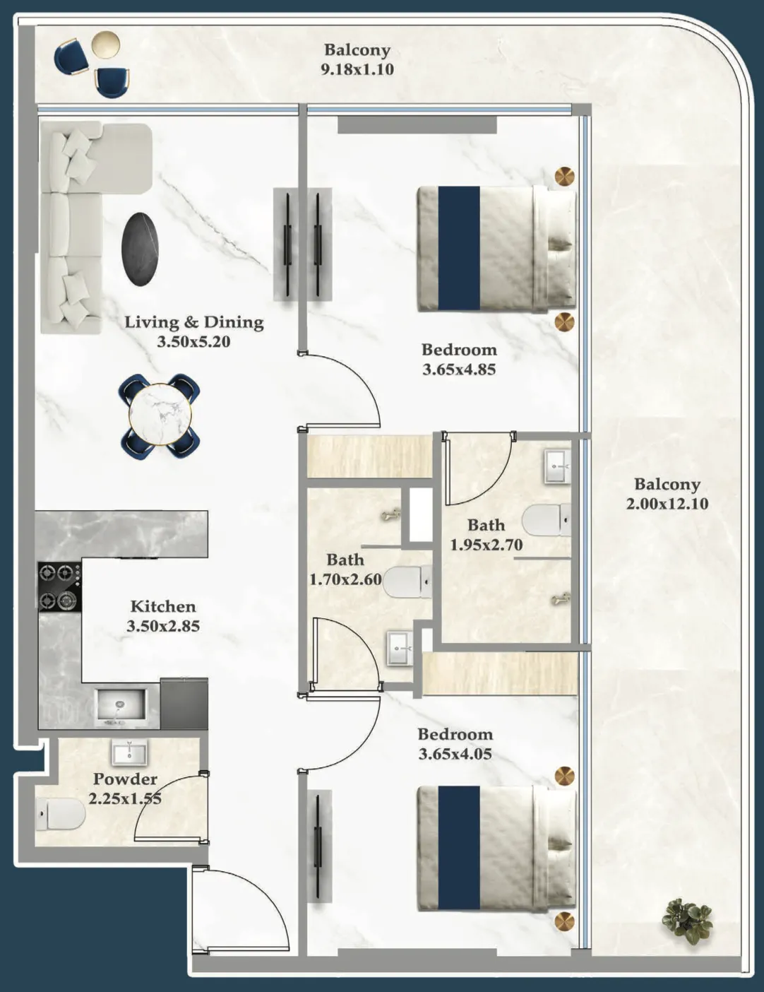Sparklz 2 bed floor plan, 1,137 sqft