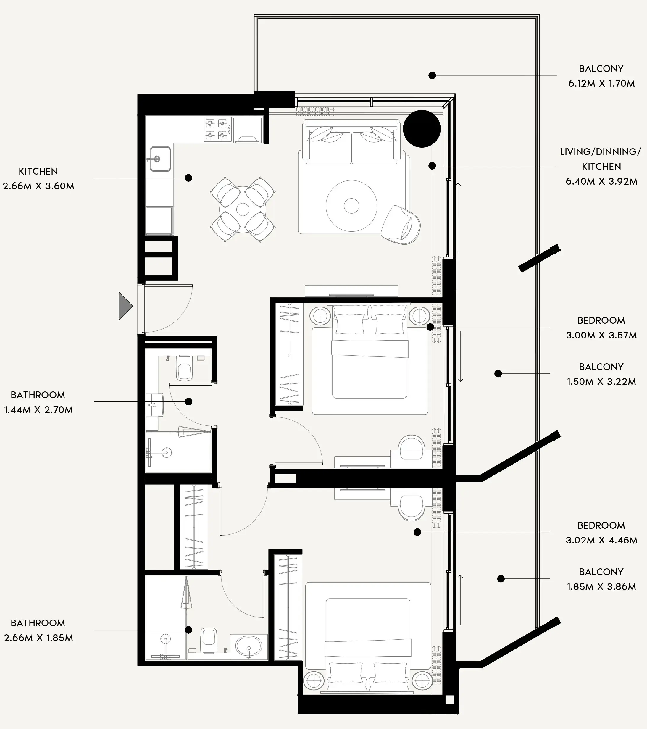 Azizi Venice 2 bed floor plan, 1,233 sqft
