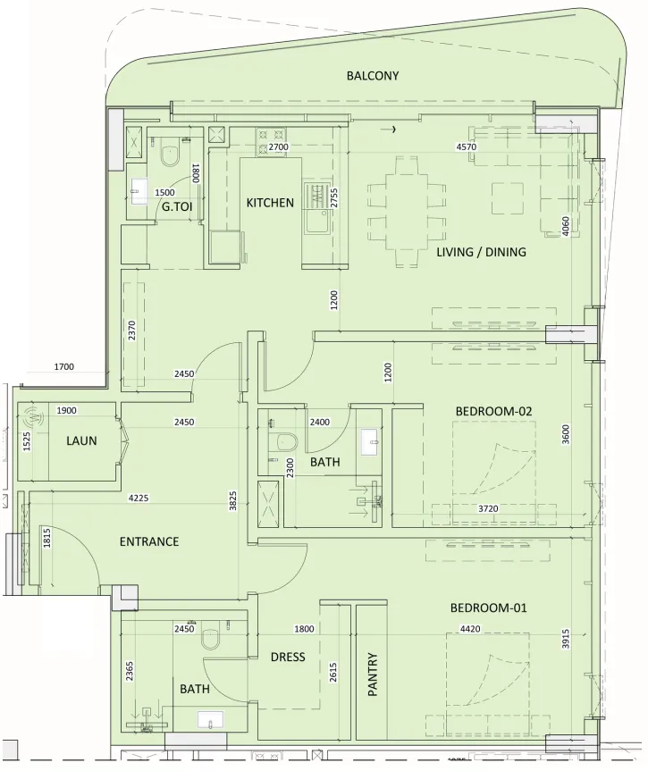 Luzora Residence 2 bed floor plan, 1,428 sqft