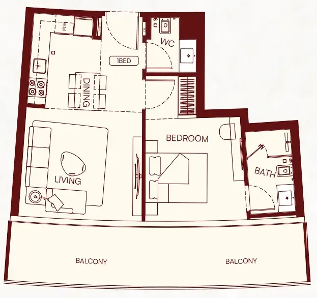 Binghatti Skyflame 1 bed floor plan, 740 sqft