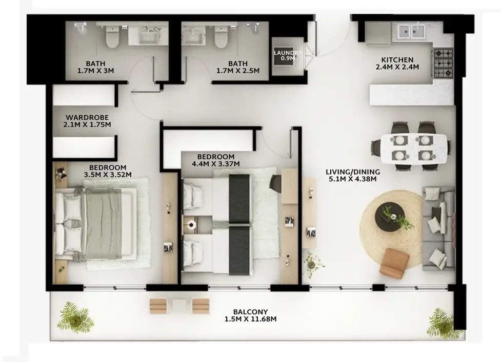 Viera Residences 2 bed floor plan, 1,148 sqft