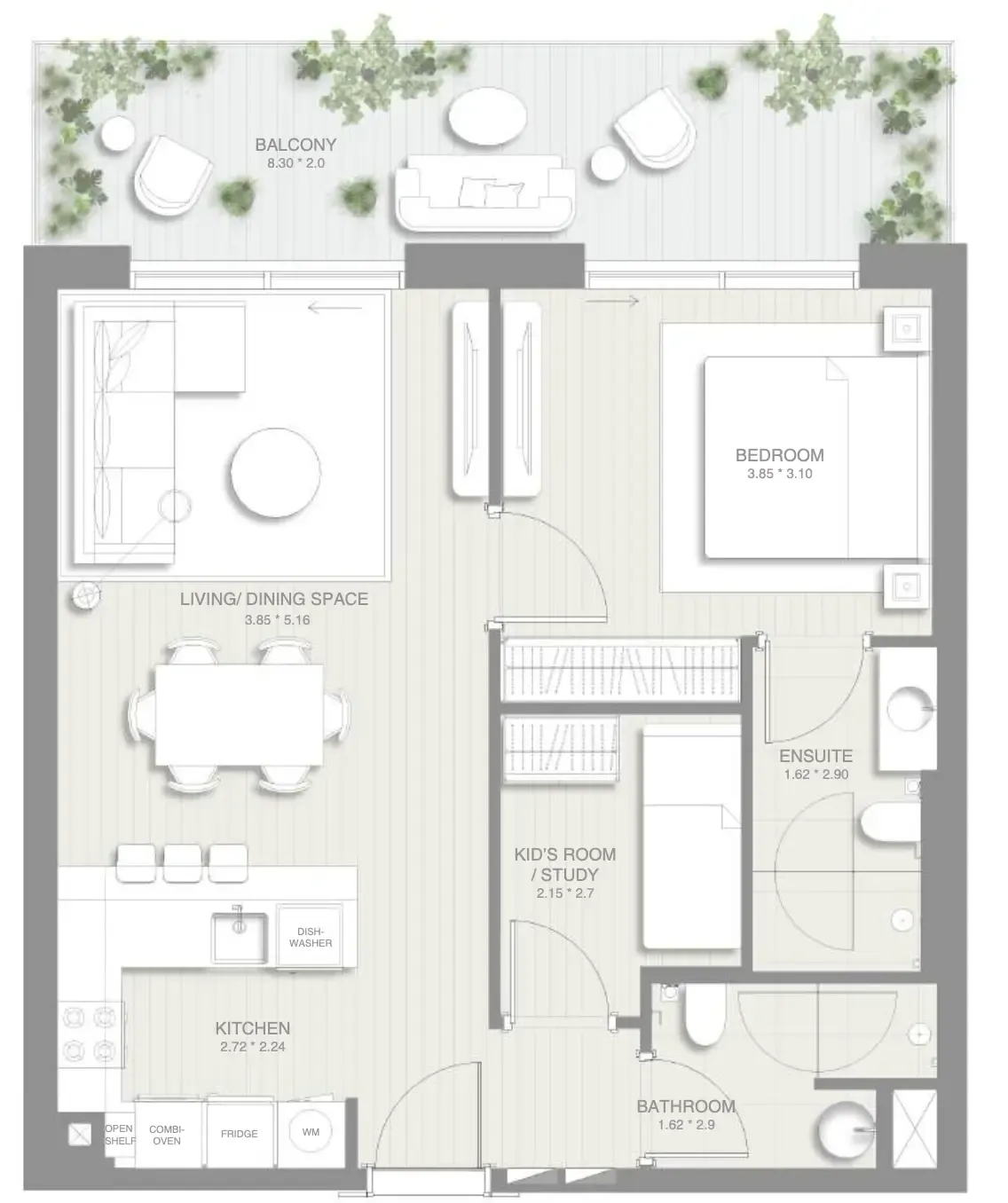 Sol Levante 1 bed floor plan, 883 sqft