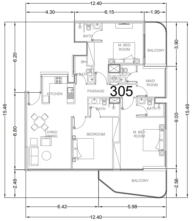 Whitecliffs Residences 3 bed floor plan, 1,586 sqft