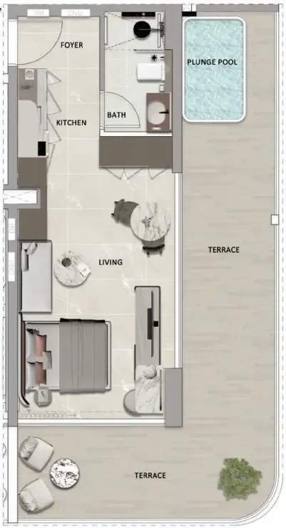 South Lofts 1 bed floor plan, 636 sqft