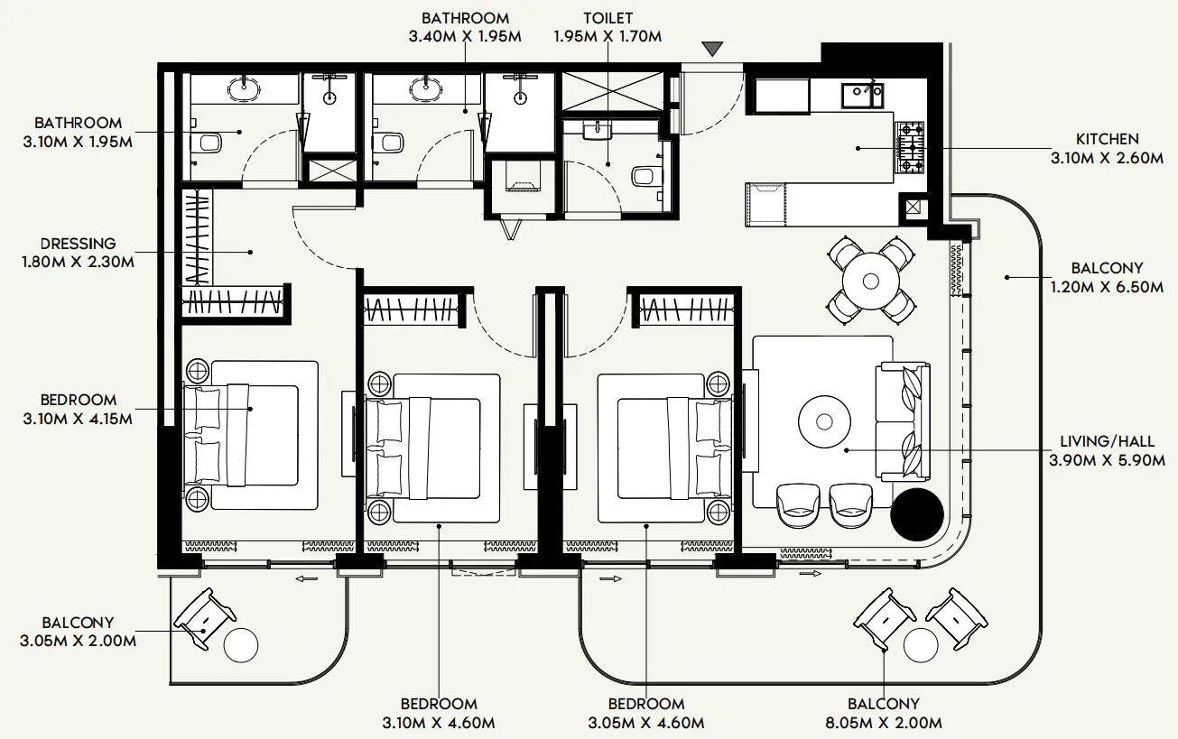 Azizi Venice 3 bed floor plan, 1,621 sqft