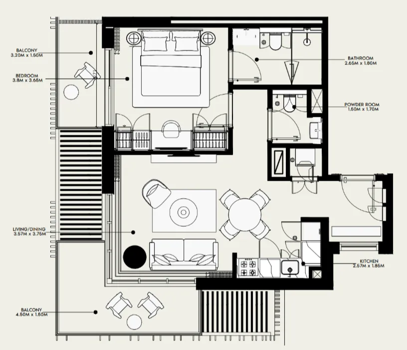Azizi Venice 1 bed floor plan, 737 sqft