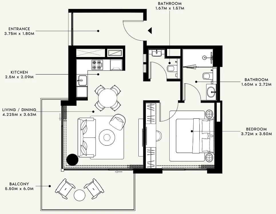 Azizi Venice 1 bed floor plan, 794 sqft