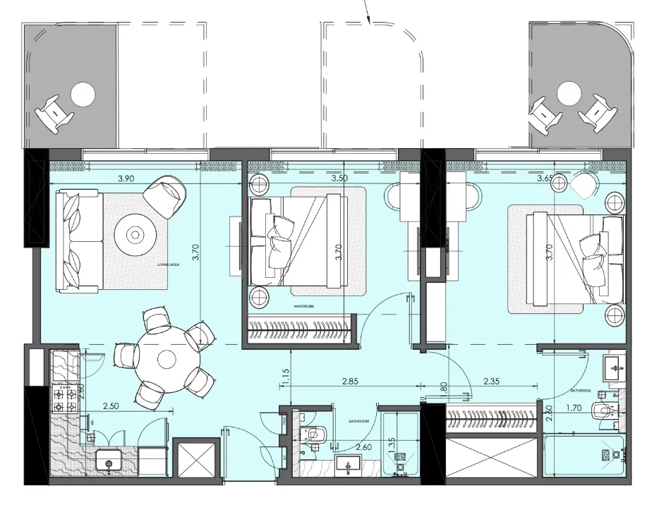 Azizi Wasel 2 bed floor plan, 994 sqft