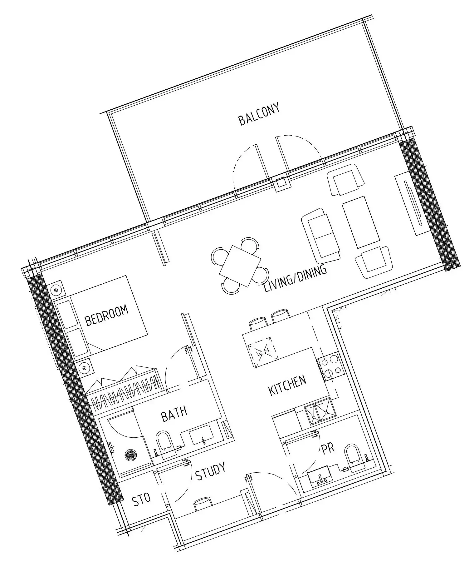 Damac District 1 bed floor plan, 907 sqft