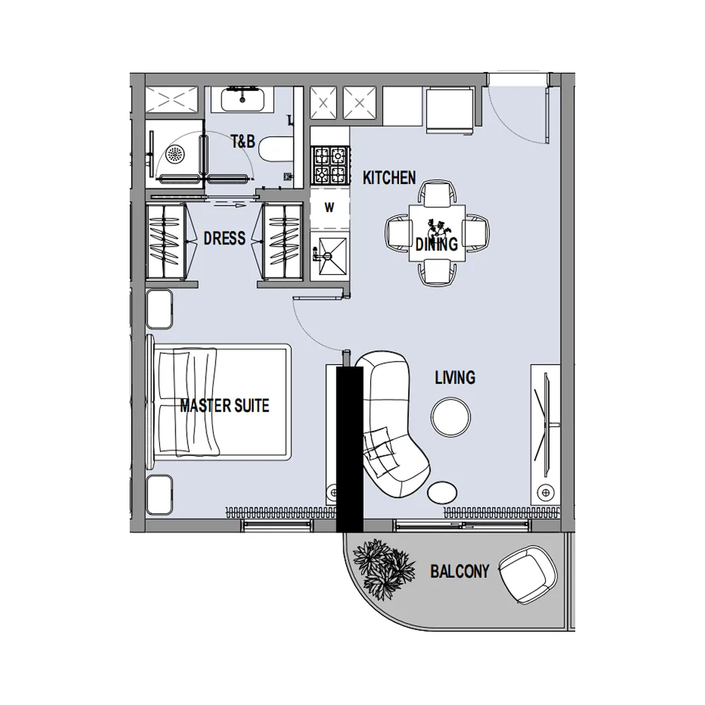 Verso 1 bed floor plan, 516 sqft