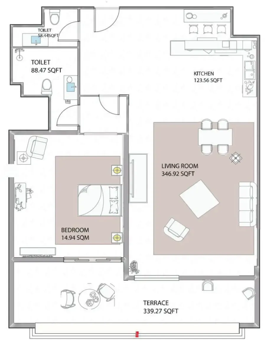Ajman Creek Towers 1 bed floor plan, 1,511 sqft
