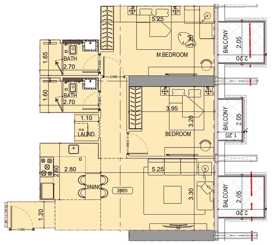 Binghatti Luxuria 2 bed floor plan, 963 sqft