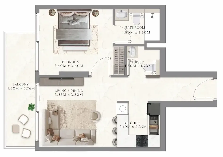 Aum 99 Residences 1 bed floor plan, 538 sqft