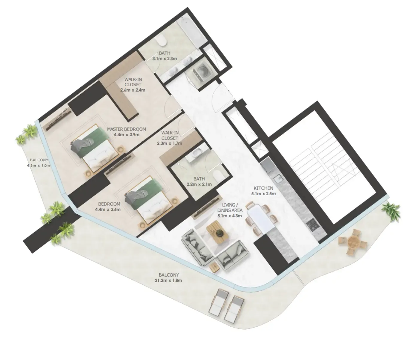 Oystra 2 bed floor plan, 1,612 sqft