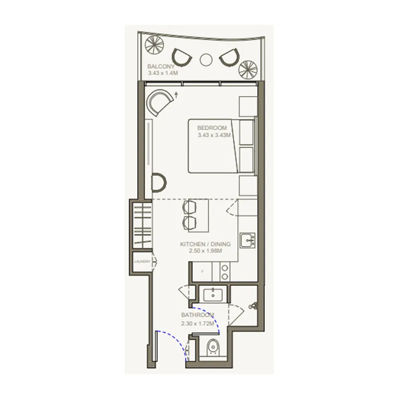 AYA Beachfront Residences Studio floor plan, 367 – 410 sqft