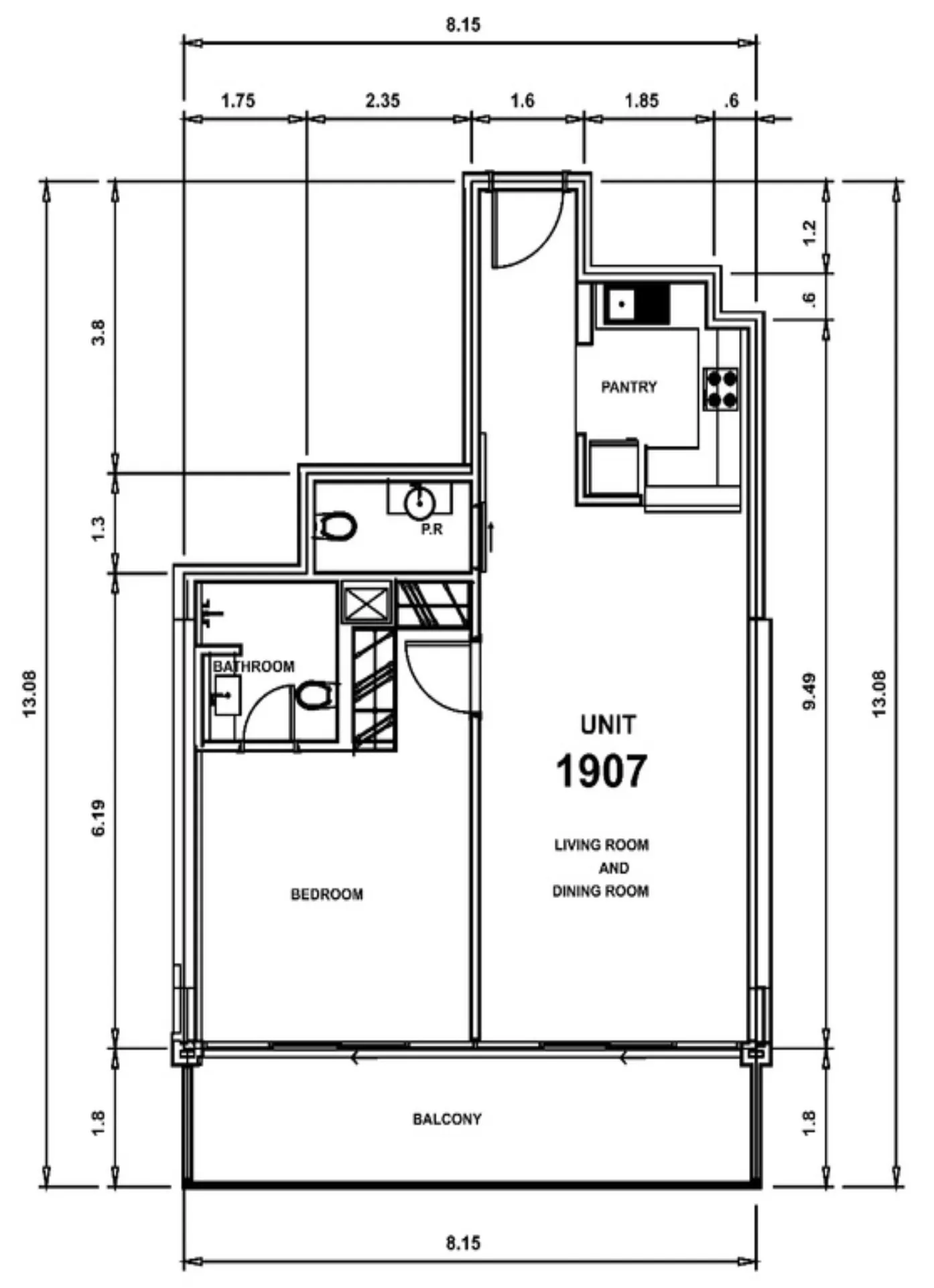 SOL Bay 1 bed floor plan, 915 sqft