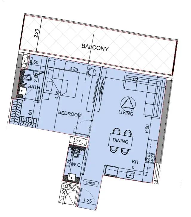 Binghatti Aquarise 1 bed floor plan, 876 sqft