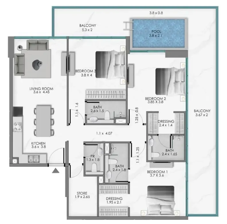 Samana Ocean Bay 3 bed floor plan, 1,829 sqft
