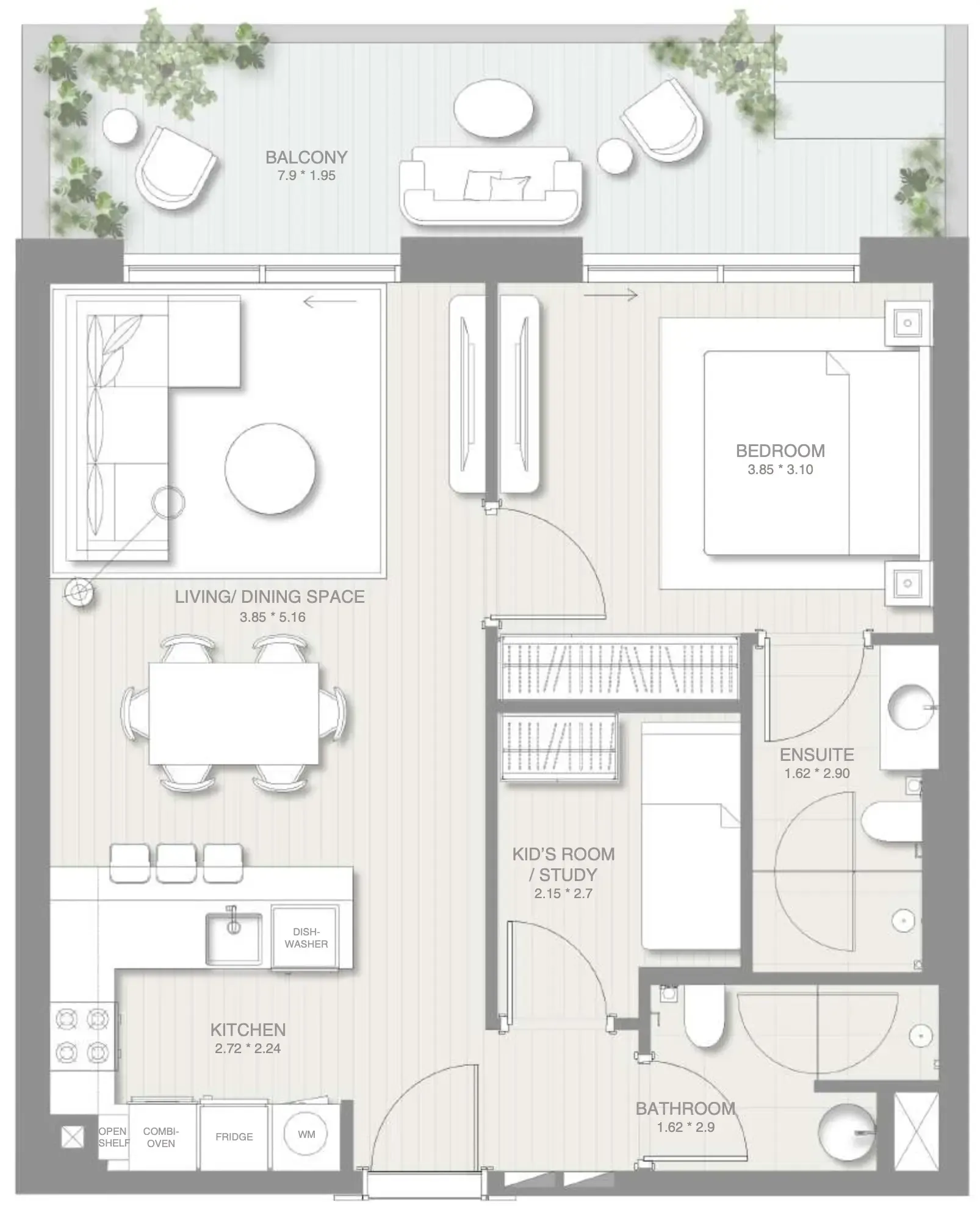 Sol Levante 1 bed floor plan, 865 sqft