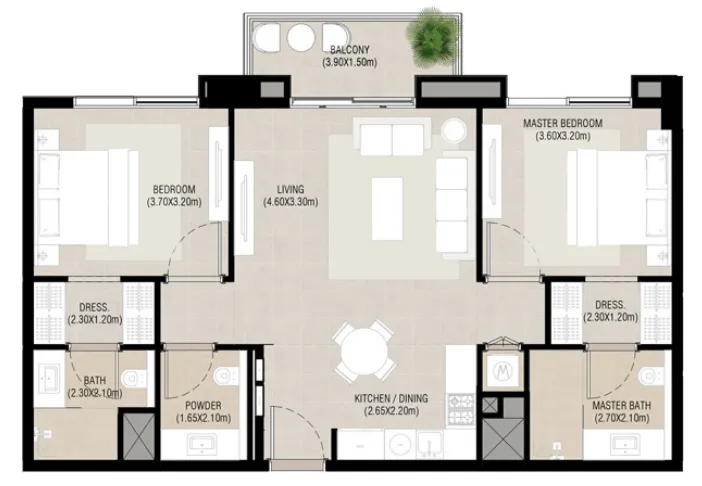 Camden 2 bed floor plan, 965 – 970 sqft