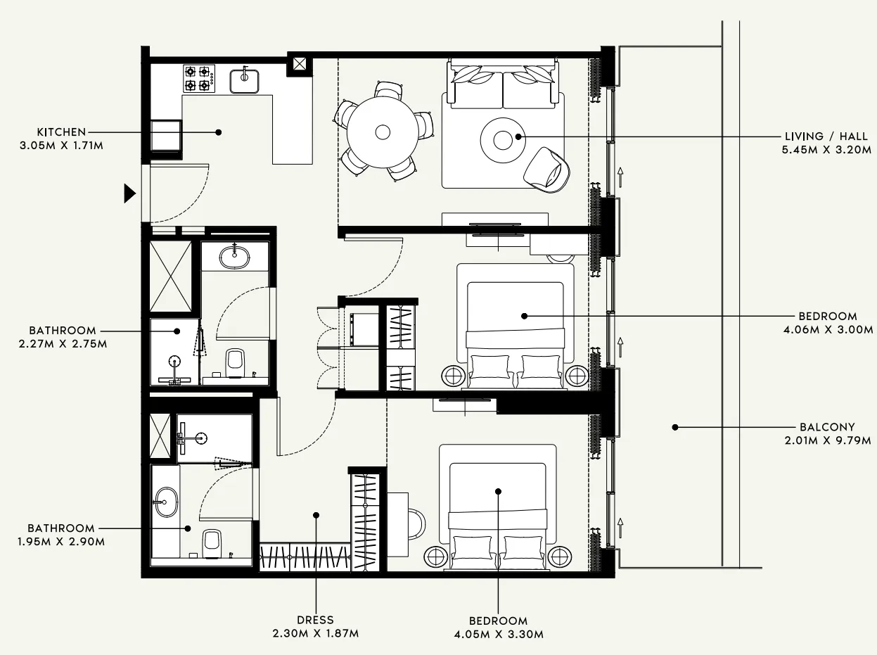 Azizi Venice 2 bed floor plan, 1,156 sqft