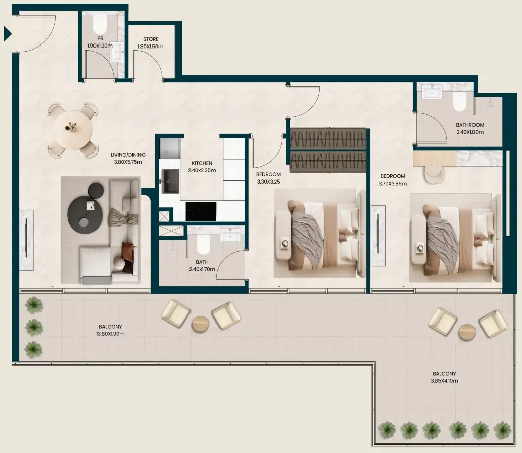 Kyomi Residences 2 bed floor plan, 1,363 sqft