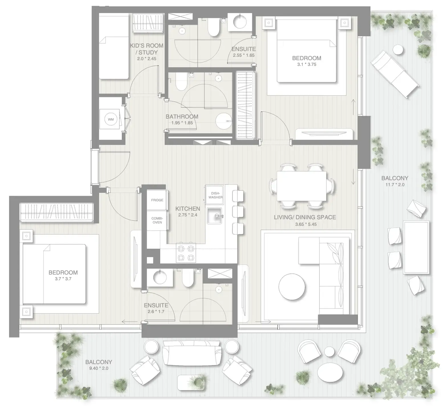 Sol Levante 2 bed floor plan, 1,408 sqft