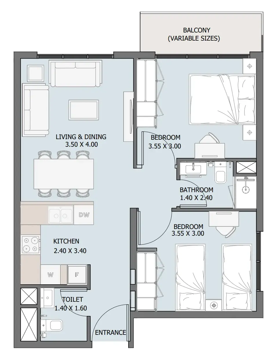 Verdana III 2 bed floor plan, 684 sqft