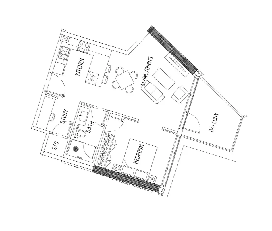 Damac District 1 bed floor plan, 685 sqft