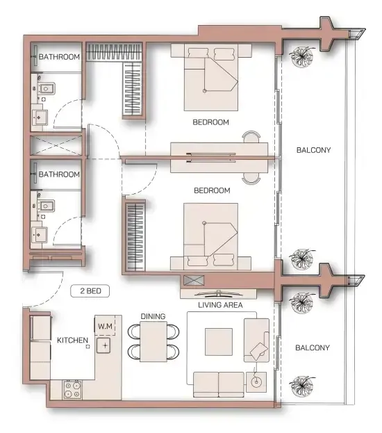 Binghatti Pinnacle 2 bed floor plan, 1,102 sqft