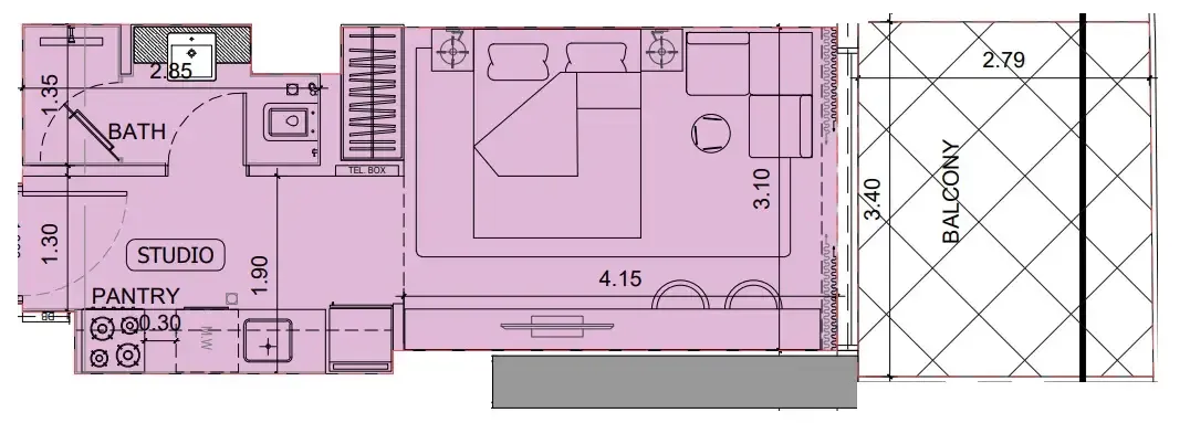 Project Maybach Studio floor plan, 402 sqft