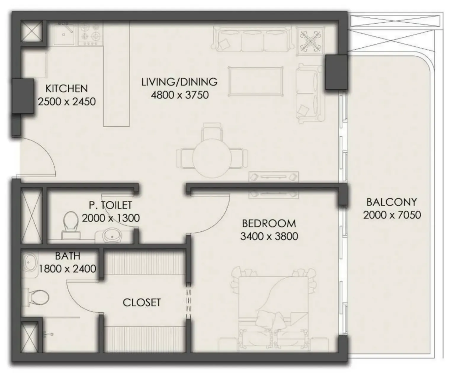 Park Residency 1 bed floor plan, 766 sqft