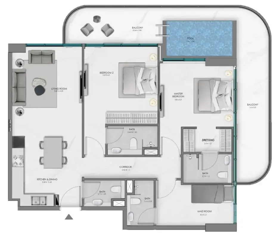 Samana Ocean Bay 2 bed floor plan, 1,447 sqft