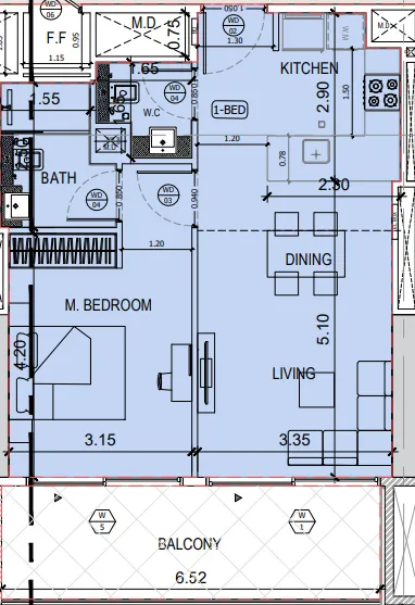 Binghatti Amberhall 1 bed floor plan, 719 sqft