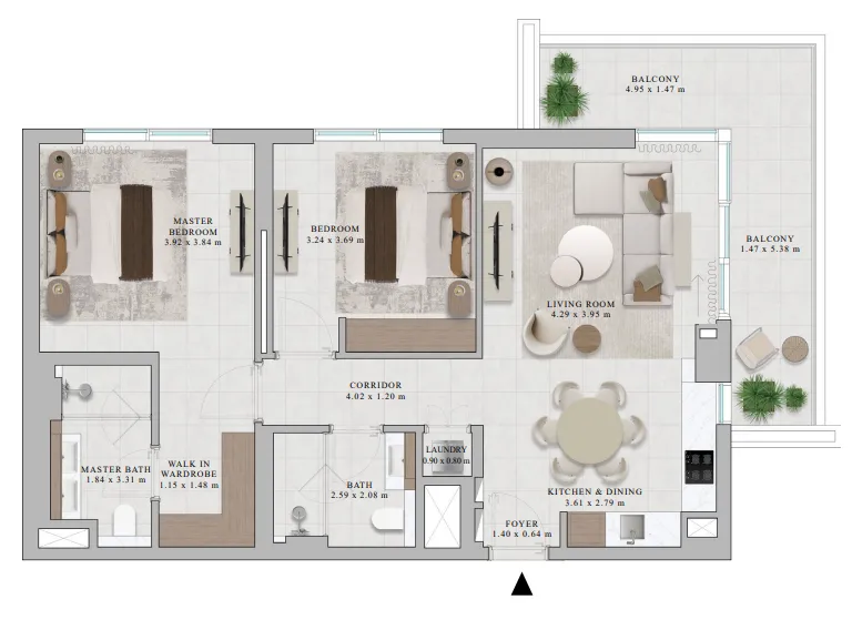 Rosehill 2 bed floor plan, 1,191 sqft