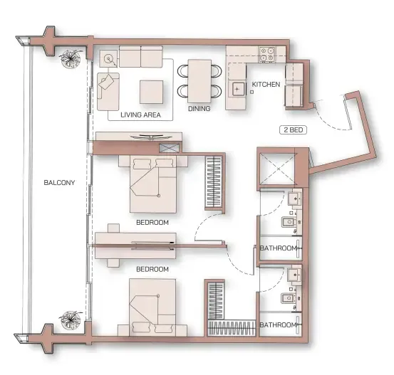 Binghatti Pinnacle 2 bed floor plan, 1,082 sqft