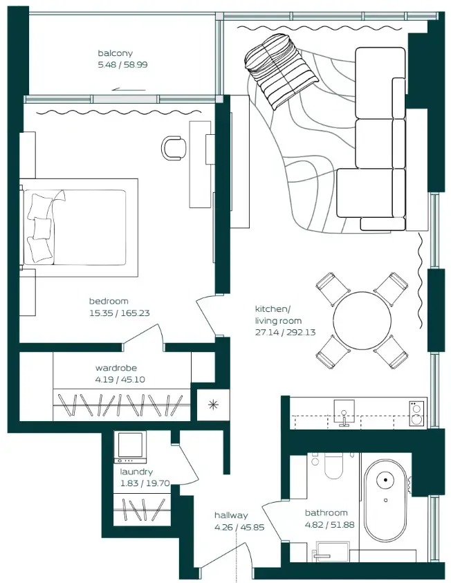 Vibe 1 bed floor plan, 768 sqft