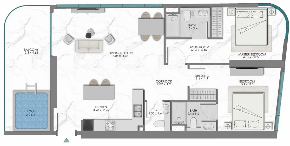 Samana Sky Views 2 bed floor plan, 1,127 sqft