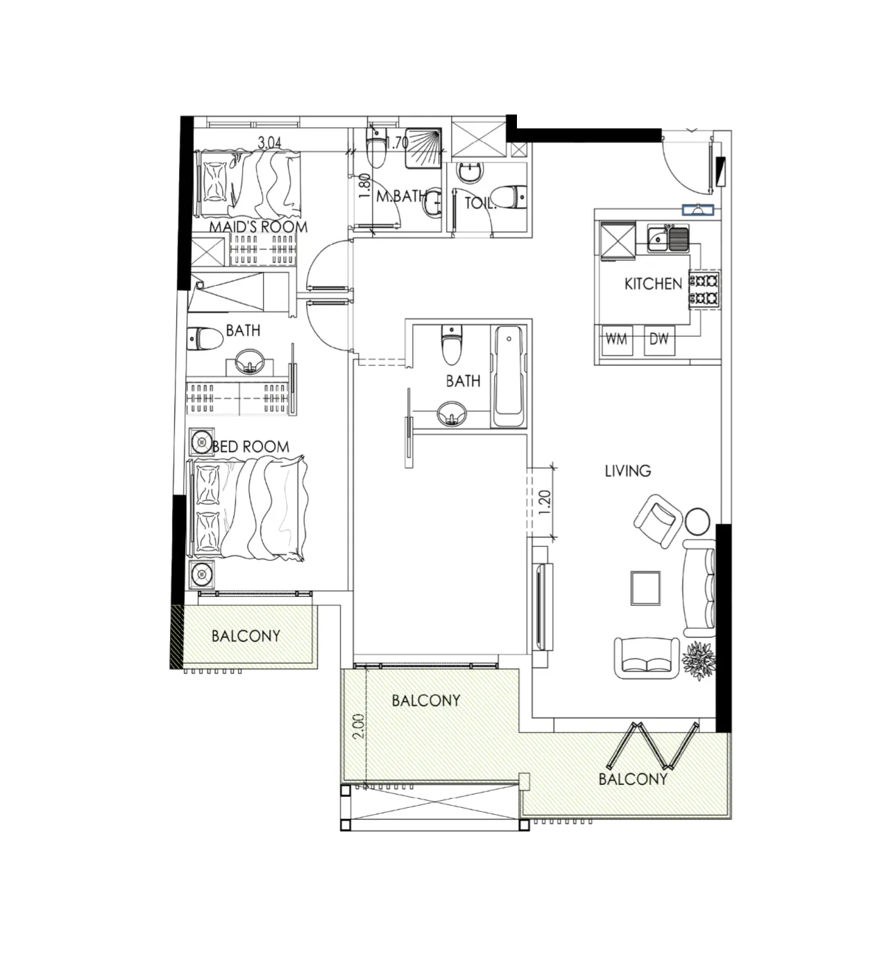 Alef Noon Residence 2 bed floor plan, 1,212 – 1,249 sqft