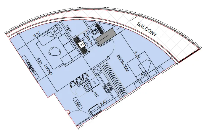 Binghatti Aquarise 1 bed floor plan, 784 sqft