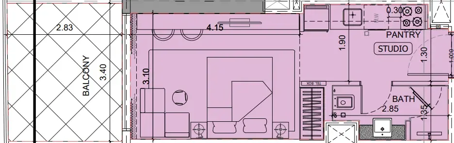 Project Maybach Studio floor plan, 401 sqft