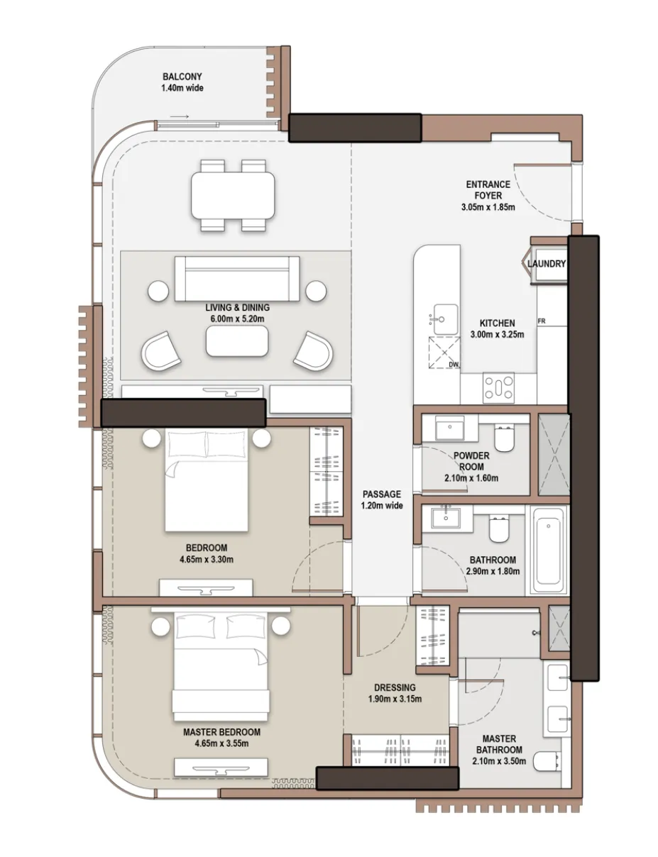 The Edit at d3 2 bed floor plan, 1,331 sqft