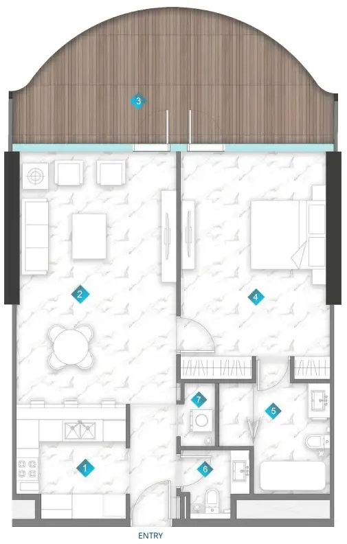 Aqua Arc 1 bed floor plan, 1,103 sqft