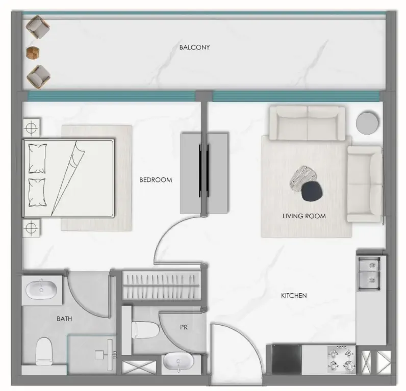 Samana Hills South 1 bed floor plan, 659 sqft