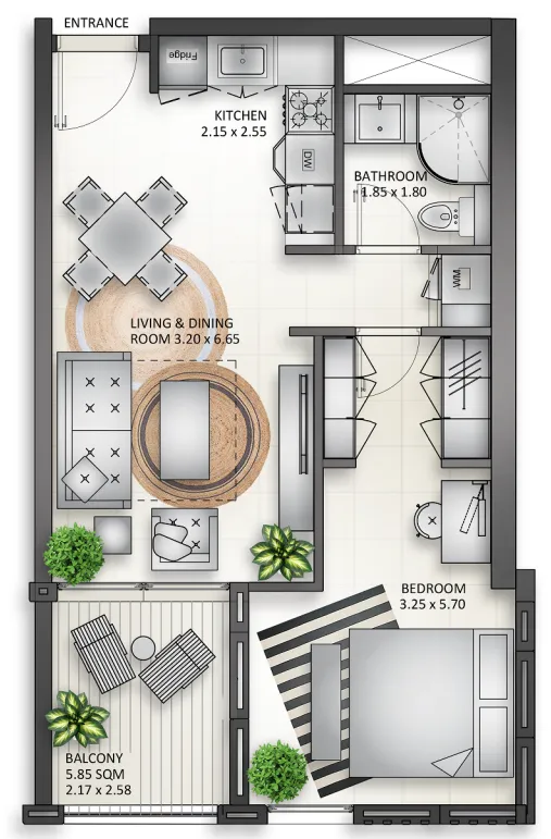 Al Mamsha Sharjah 1 bed floor plan, 773 sqft