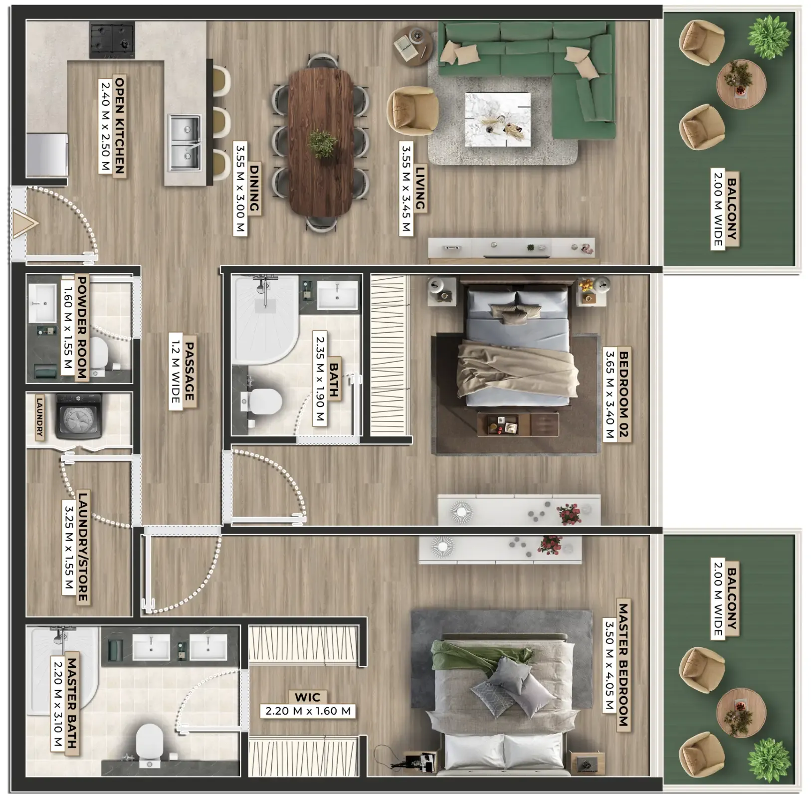 Firoza 2 bed floor plan, 1,304 sqft