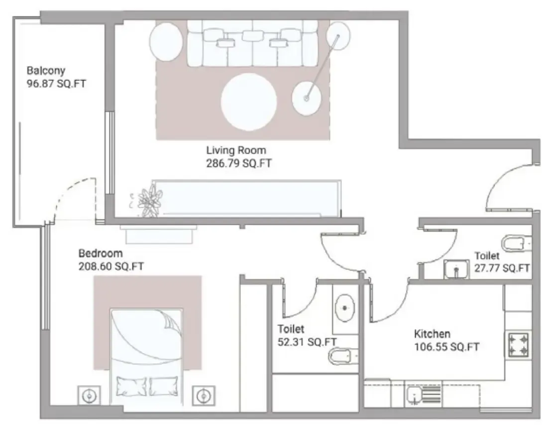 Ajman Creek Towers 1 bed floor plan, 1,235 sqft
