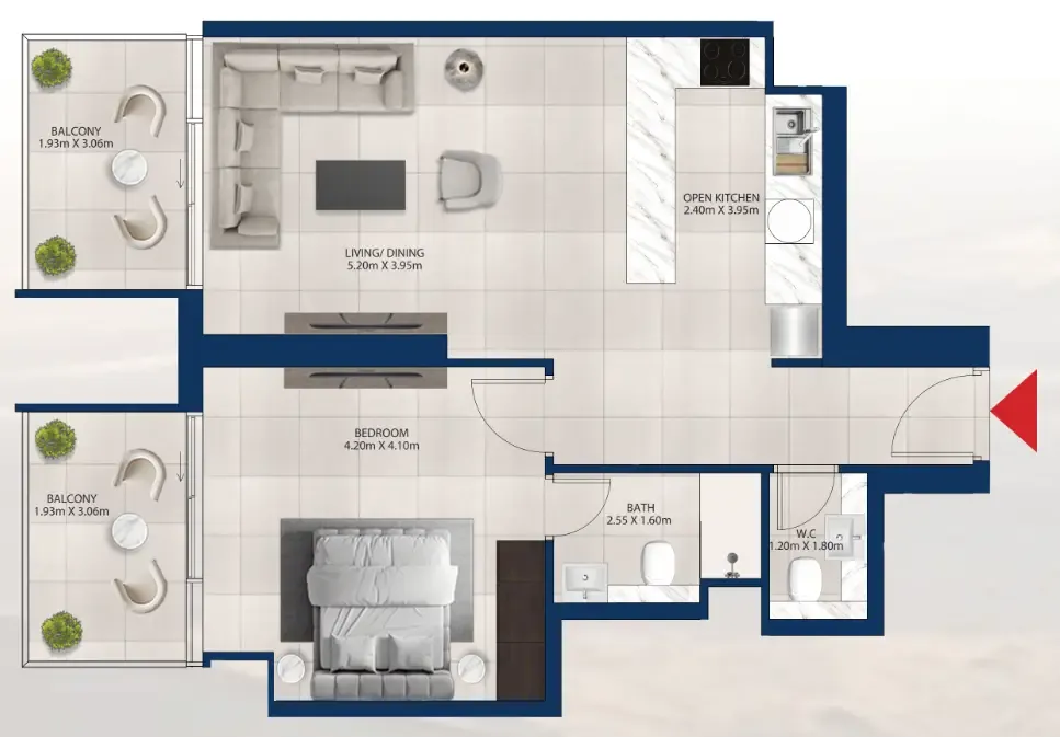 Al Vista 1 bed floor plan, 828 sqft