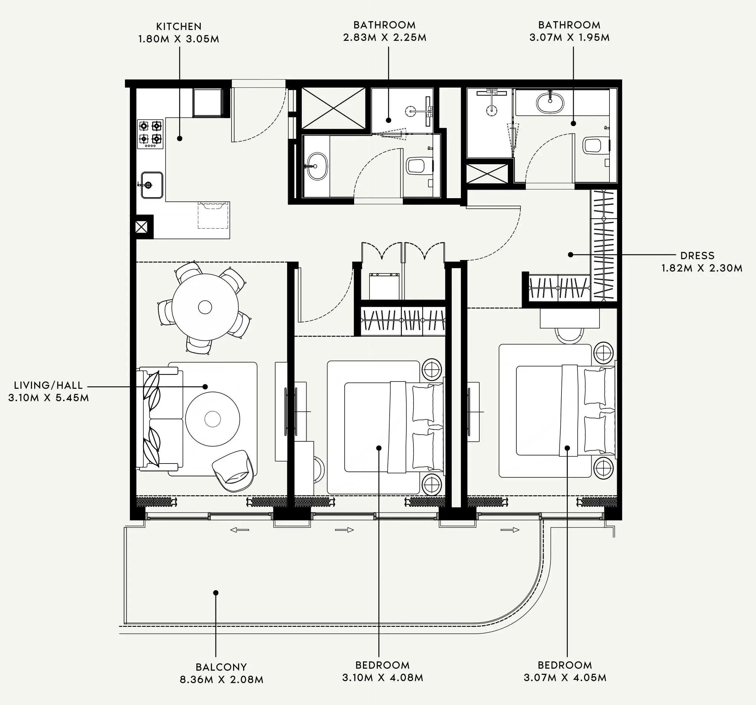 Azizi Venice 2 bed floor plan, 1,115 sqft